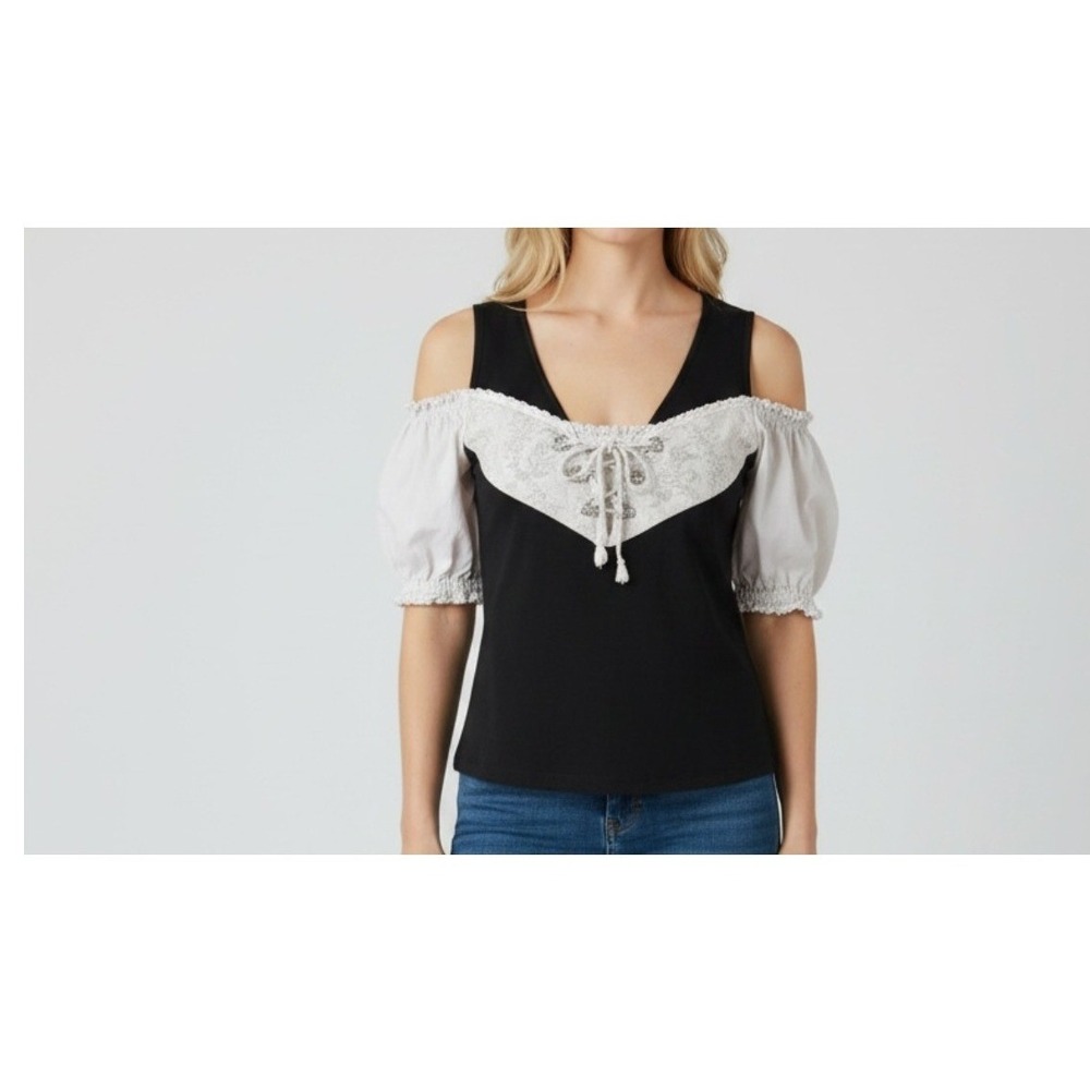 Stockerpoint Black Trachten Dirndl Blouse Cold Shoulder Puff Sleeve Size 42
